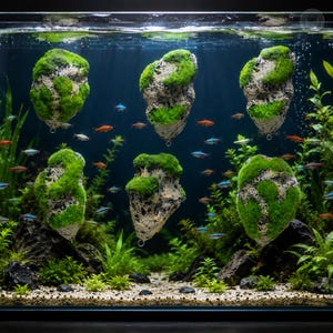 Decoración acuática de roca suspendida para peceras: piedra artificial gris flotante con musgo para hábitats de acuario.