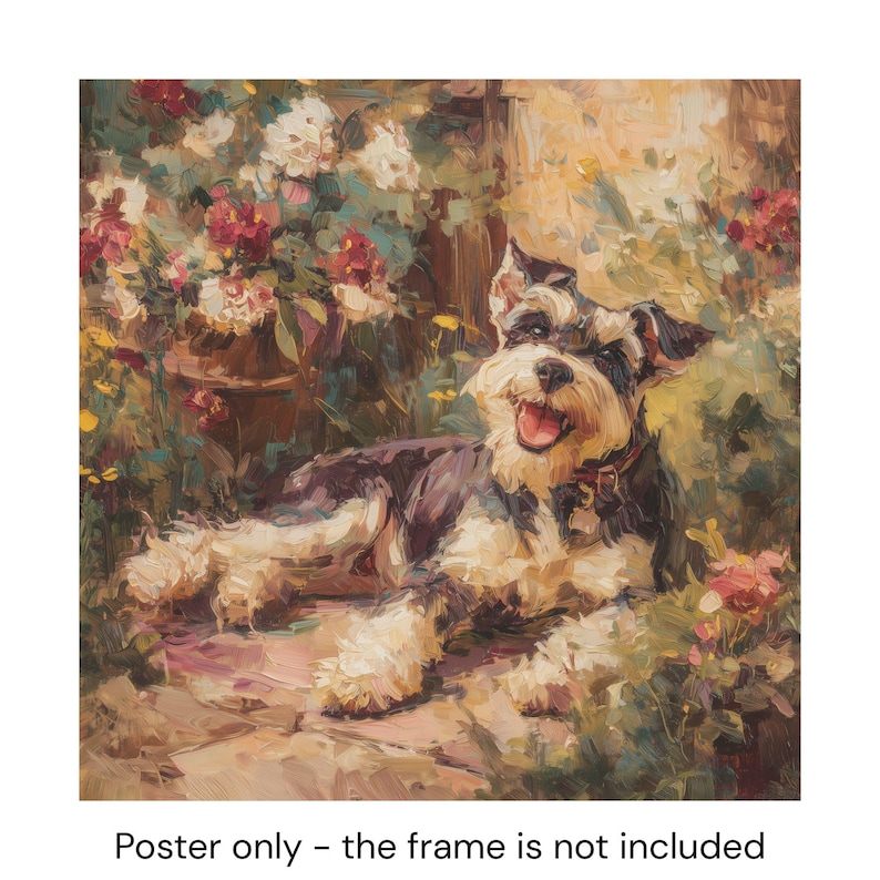 Schnauzer Printed Poster, Miniature Schnauzer Wall Art Decor, Playful Dog Oil Painting, Floral Impressionist Portrait, Schnauzer Mom Gift image 4