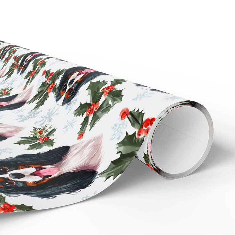 Custom Name Tricolor Cavalier King Charles Spaniel Wrapping Paper: Personalized CKCS Dog Christmas Watercolor Gift Wrap image 9