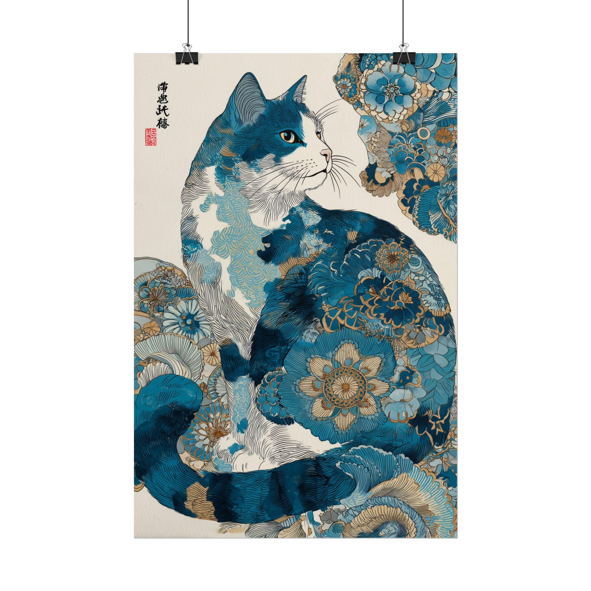Abstract Japanese Cat Wall Art Print, Ukiyo-e Calico Cat Poster, Manga ...