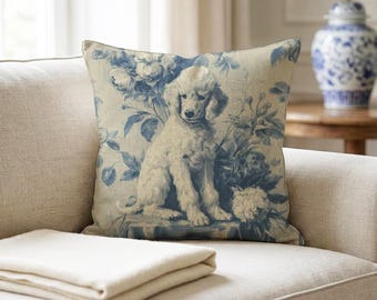 Poodle Toile de Jouy Pillowcase, Standard Poodle French Country Decorative Cushion Cover, Vintage Blue and Cream Accent Pillow
