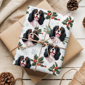 Custom Name Tricolor Cavalier King Charles Spaniel Wrapping Paper: Personalized CKCS Dog Christmas Watercolor Gift Wrap image 1