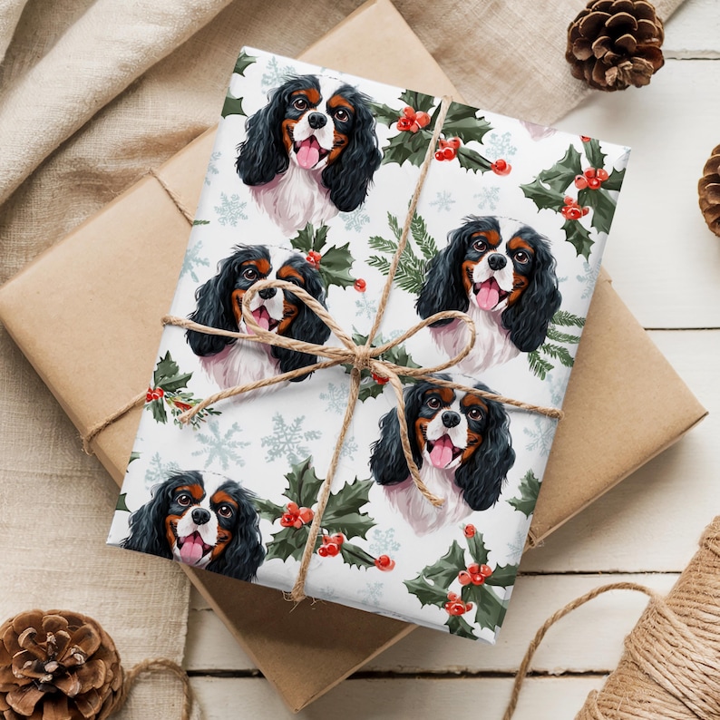 Custom Name Tricolor Cavalier King Charles Spaniel Wrapping Paper: Personalized CKCS Dog Christmas Watercolor Gift Wrap image 1