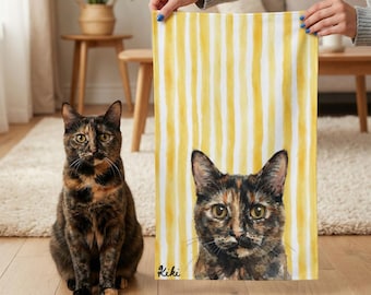Custom Pet Portrait Kitchen Towel, Personalized Watercolor Pet Photo Tea Towel with Stripes, Microfiber Dish Towel Gift for Pet Lovers
