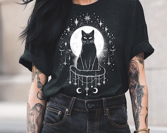Mystical Black Cat Tarot T-Shirt: Celestial Witchy Tee, Halloween Occult Style