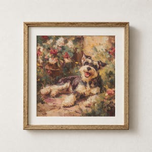 Schnauzer Printed Poster, Miniature Schnauzer Wall Art Decor, Playful Dog Oil Painting, Floral Impressionist Portrait, Schnauzer Mom Gift image 1