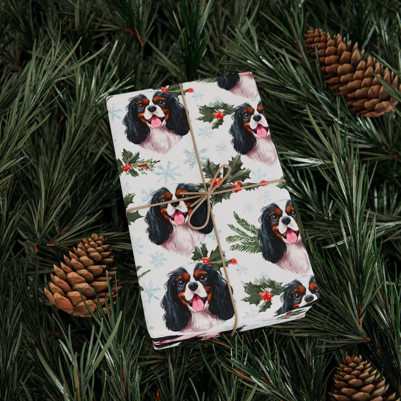 Custom Name Tricolor Cavalier King Charles Spaniel Wrapping Paper: Personalized CKCS Dog Christmas Watercolor Gift Wrap image 8