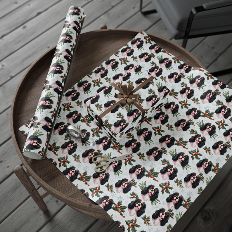 Custom Name Tricolor Cavalier King Charles Spaniel Wrapping Paper: Personalized CKCS Dog Christmas Watercolor Gift Wrap image 5