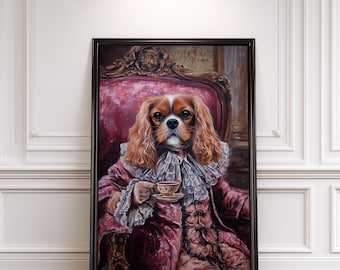 Royal Ruby Red King Charles Cavalier Spaniel Poster, Noble Oil Painting Style Dog Wall Art Print, Pet Owners Gift