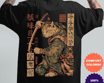 Samurai Cat T-Shirt: Japanese Katana Warrior Comfort Colors Shirt