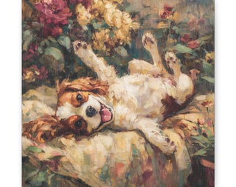 Cavalier King Charles Spaniel Canvas Wall Art, Playful Dog Oil Painting Style Print, Floral Impressionist Pet Portrait, CKCS Gift