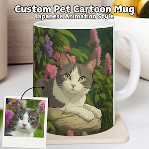 Custom Japanese Anime Inspired Pet Mug Using Pet Photo, Personalized Dog Gift, Cat Cartoon Character Cup, Customized Present for Manga Lover