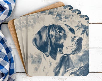Custom Name German Shorthaired Pointer Coaster Set, 4 GSP Coasters, French Toile Dog kitchen-and-dining Gift and Home Decor