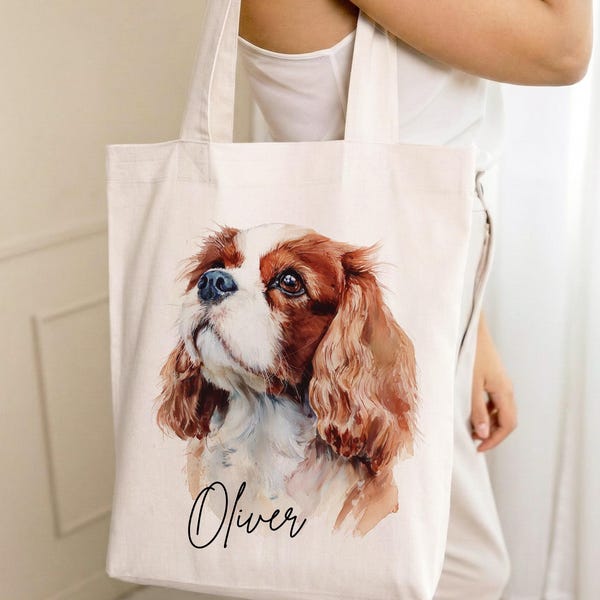 Bolsa de algodón Cavalier con nombre personalizado, bolsa de lona con nombre CKCS en acuarela, regalo para mamá King Charles Spaniel, bolsa ecológica para perros