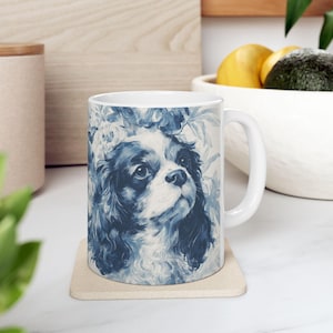 Cavalier King Charles Spaniel Mug: Blue Toile de Jouy Ceramic Cup