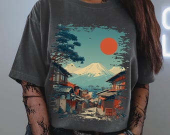 Japanse Mount Fuji uniseks grafische retro T-shirt, comfortabele kleuren katoenen shirt, vintage Japan Street T-shirt, Japan nostalgie esthetiek