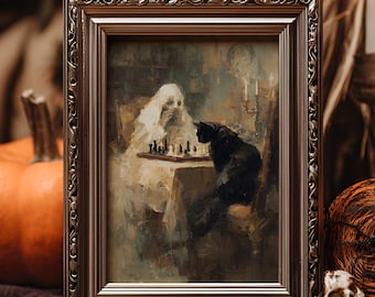 Black Cat and Ghost Chess Poster: Halloween Oil Painting Wall Art Spooky Home Decor