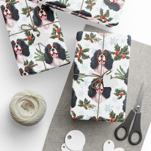 Custom Name Tricolor Cavalier King Charles Spaniel Wrapping Paper: Personalized CKCS Dog Christmas Watercolor Gift Wrap image 3