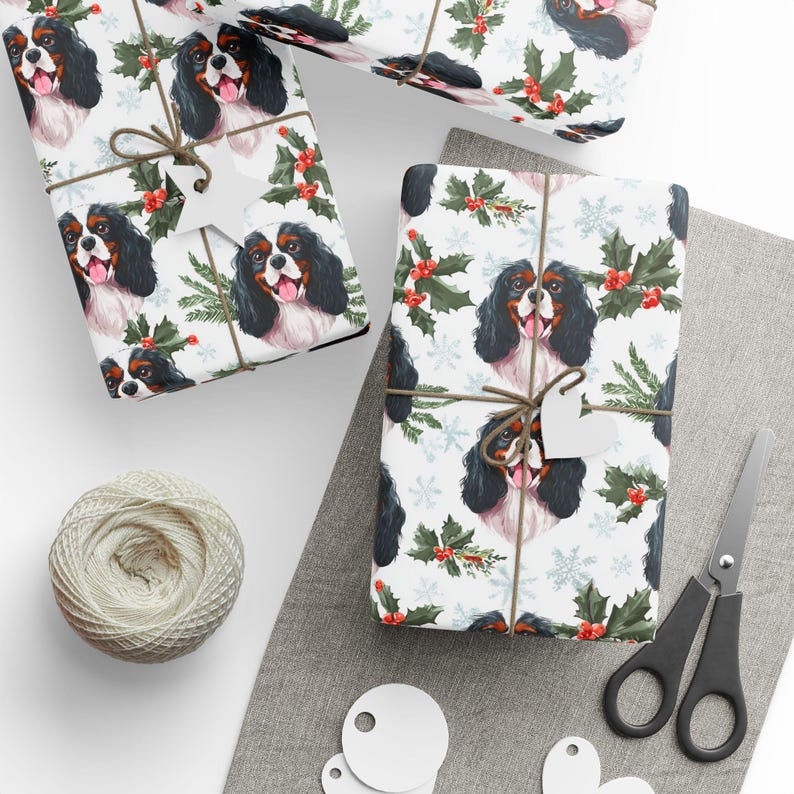 Custom Name Tricolor Cavalier King Charles Spaniel Wrapping Paper: Personalized CKCS Dog Christmas Watercolor Gift Wrap image 3