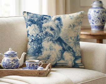 Toile de Jouy Yorkshire Terrier Pillow, French Country Decorative Yorkie Cushion, Vintage Blue Cream Home Decor, Dog Lover Accent Pillow