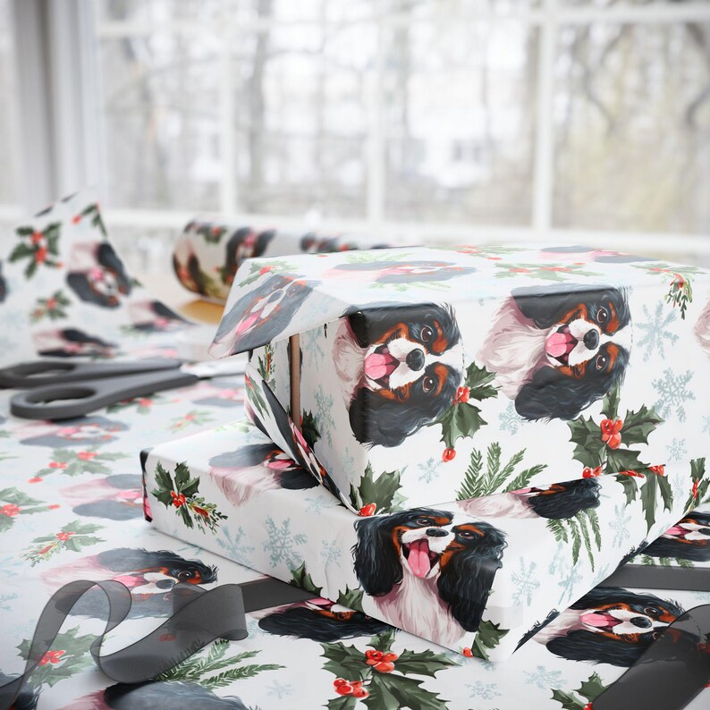 Custom Name Tricolor Cavalier King Charles Spaniel Wrapping Paper: Personalized CKCS Dog Christmas Watercolor Gift Wrap image 7