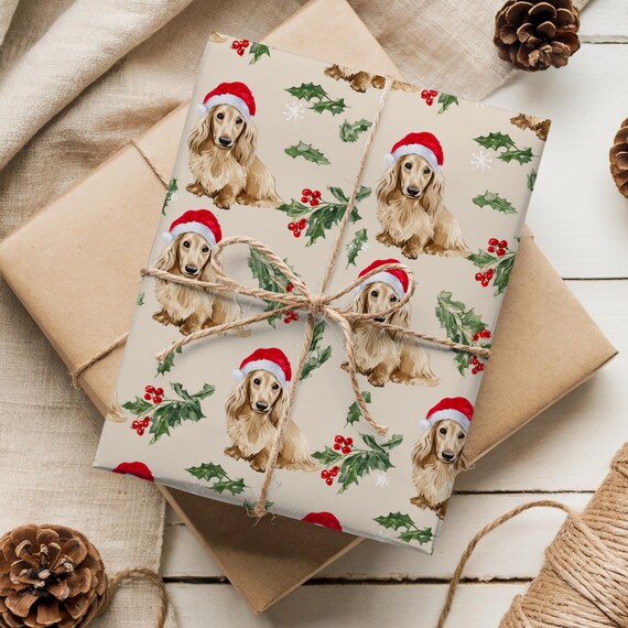 Custom Long Haired Cream Dachshund Gift Wrapping Paper: Personalized Dog Christmas Vintage Watercolor Wrap