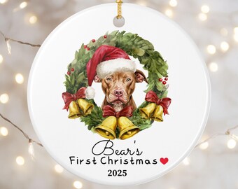 Custom Name Double Sided Brown Pitbull Ceramic Ornament, Dog First Christmas, Chocolate Pit Bull Gift Idea For Pet Parents