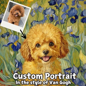 Puede incluir: Un retrato personalizado de un caniche marrón al estilo de Van Gogh. El perro está rodeado de flores de iris azules y amarillas. El texto "Custom Portrait" y "In the style of Van Gogh" está en la parte inferior de la imagen.