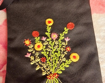 Black Embroidered Bag for Women,embroidered Floral Canvas Tote Bag: Handmade Black Shoulder Bag,Gift for her