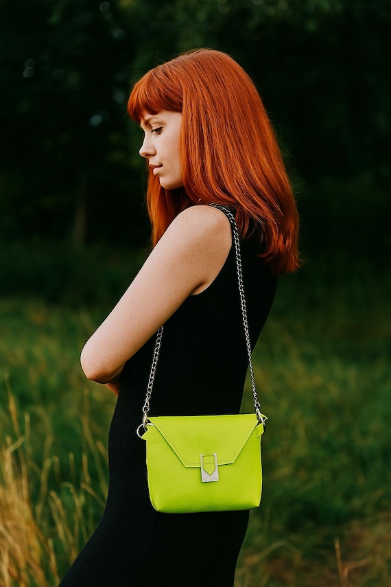Lime Green Faux Leather Shoulder Bag Chain Strap Purse