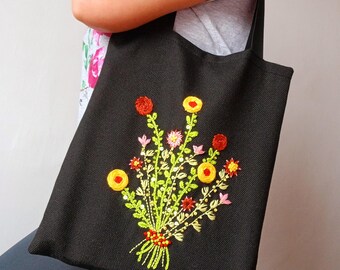 Black Embroidered Bag for Women, embroidered Floral Canvas Tote Bag:  Handmade Black Shoulder Bag, Gift for her