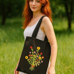 Embroidered Floral Canvas Tote Bag: Handmade Black Shoulder Bag