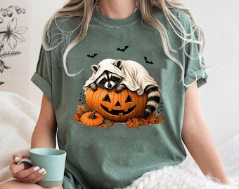 Ghost Raccoon Pumpkin Shirt, Cute Halloween Animal Tee, Funny Woodland Raccoon Comfort Colors Shirt, Cozy Fall Pumpkin Sweatshirt