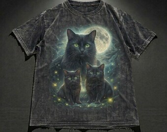 Vintage Black Cat Moon T-Shirt,Retro 90s Washed Graphic Tee,Mystic Celestial Cats Shirt,Dark Aesthetic Space Animal Top,Gift for Cat Lovers