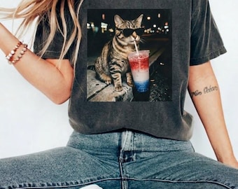 Cat Lover Patriotic Shirt – Cool Cat 4th of July Tee, American Flag Drink Graphic Tee, Independence Day Comfort Colors® Shirt