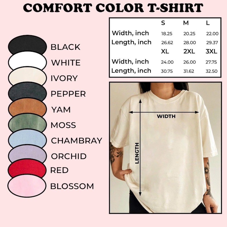 以下が含まれることがあります： 黒、白、赤など、さまざまな色のComfort Colors Tシャツ。 画像は、クリーム色のシャツを着ている人を示しており、サイズと測定の詳細がセンチメートルで表示されています。 シャツのサイズはSから3XLまであります。
