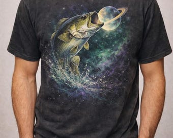 Cosmic Bass Fishing Shirt, Vintage Largemouth Fish Tee, Galaxy Angler Gift, Retro Fisherman T-Shirt