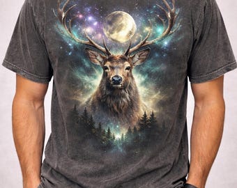 Cosmic Deer Graphic T-Shirt, Vintage Forest Buck Tee, Galaxy Antler Nature Shirt, Rustic Outdoor Gift, Pepper Comfort Colors Shirt
