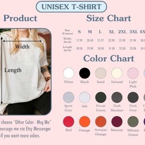 以下が含まれることがあります： ユニセックスTシャツの製品画像。サイズチャートとカラーオプションが表示されています。サイズチャートは、幅が45.7 cmから81.2 cm、長さが71.1 cmから88.9 cmのインチ単位の幅と長さの測定値を表示します。カラーオプションには、白、黒、さまざまな色合いが含まれます。