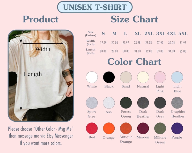 以下が含まれることがあります： ユニセックスTシャツの製品画像。サイズチャートとカラーオプションが表示されています。サイズチャートは、幅が45.7 cmから81.2 cm、長さが71.1 cmから88.9 cmのインチ単位の幅と長さの測定値を表示します。カラーオプションには、白、黒、さまざまな色合いが含まれます。