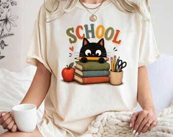 Cute Black Cat School Shirt, Back To School Teacher Tee, Retro Kindergarten Graphic Shirt, First Day of School Gift, Student School Tee