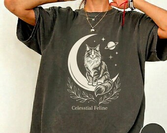 Celestial Cat 90s Vintage Aesthetic Shirt, Retro Comfort Colors® Moon & Stars Kitten Tee, Mystic Feline Lovers Gift, Dark Academia Cat Shirt