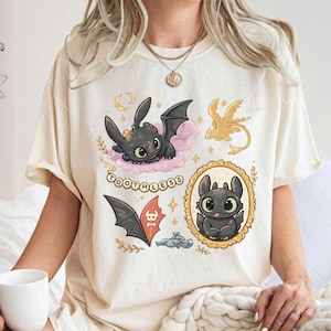 May include: A cream-colored t-shirt featuring a graphic print of the character Toothless from How to Train Your Dragon. The design includes the text Toothless, a black dragon flying, a framed portrait of the dragon, and small gold star accents.