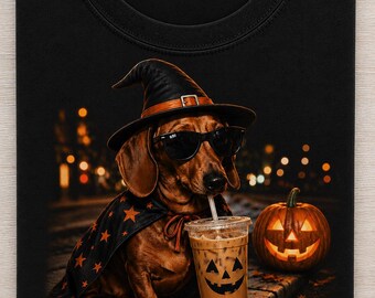 Halloween Dachshund Iced Coffee Shirt, Spooky Wiener Dog Witch Tee, Cute Pumpkin Coffee Dog Lover Gift for Men Women