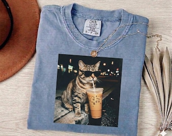 Funny Cat with Sunglasses T-Shirt - Cool Tabby Meme Tee - Hilarious Gift for Cat Lovers & Coffee Addicts - Retro Cat Mom Shirt - Unisex Tee