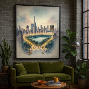 Central Park Dreams– NYC Skyline Watercolor Wall Art | Digital Download | Yellow Taxis & City Lights | Manhattan Urban Landscape Print