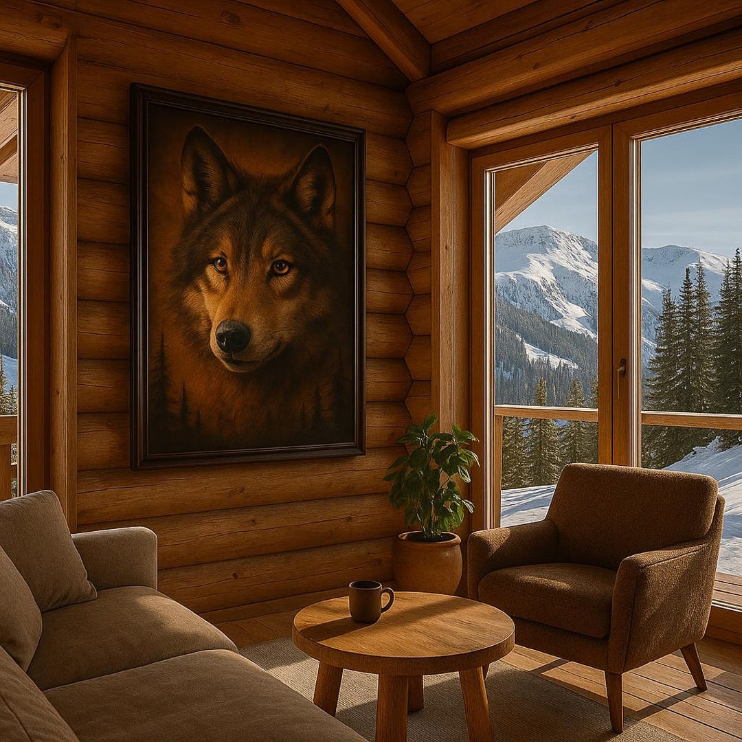 Rustic Wolf Rustic Wolf Art Print | Golden Twilight Forest, Cabin Decor (PNG) - Etsy