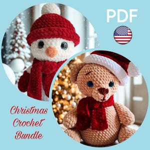 Può includere: Immagine di un pacchetto di uncinetto natalizio. Mostra un pupazzo di neve e un orsacchiotto all'uncinetto, entrambi con accessori rossi. È visibile anche il testo "PDF" e "Christmas Crochet Bundle".