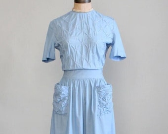 Vintage Early 1940s Blue Cotton Swing Dress