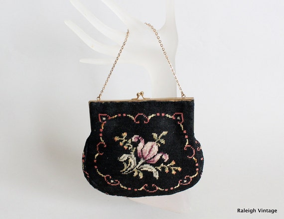 Vintage 1930s Purse : 30s 40s Floral Petit Point … - image 1